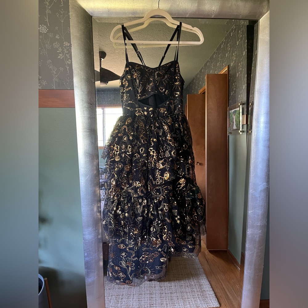 Betsey Johnson Black and Gold Celestial Tiered Midi Dress - Picture 2 of 4